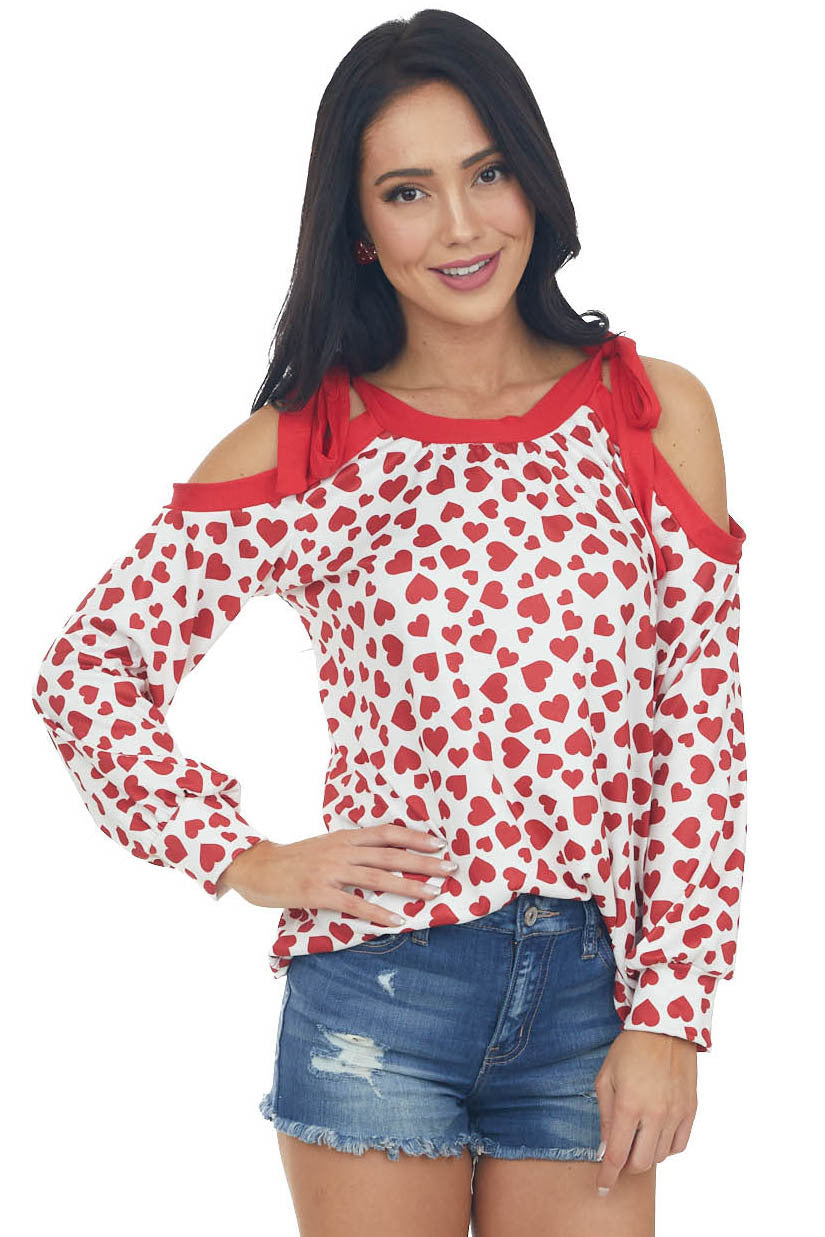 Ivory Heart Print Cold Shoulder Knit Top
