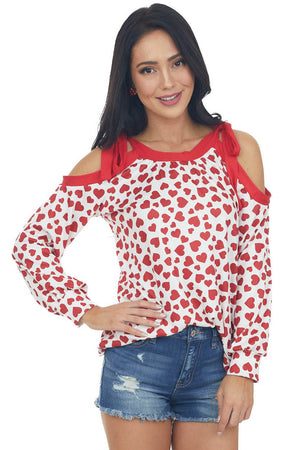 Ivory Heart Print Cold Shoulder Knit Top