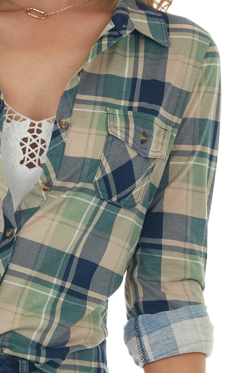 Pistachio and Navy Plaid Top with Chest Pocket 