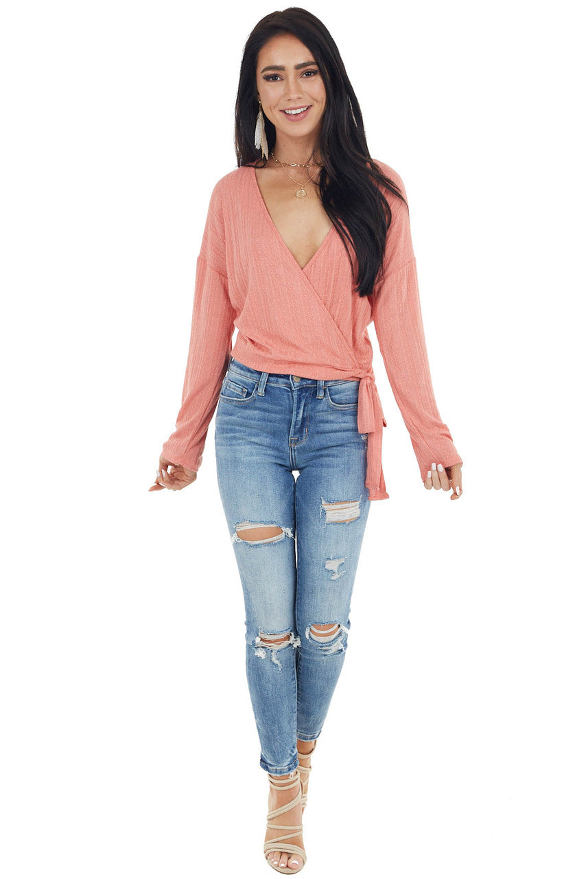 Coral Textured Knit Wrapped Long Sleeve Top with Tie Closure