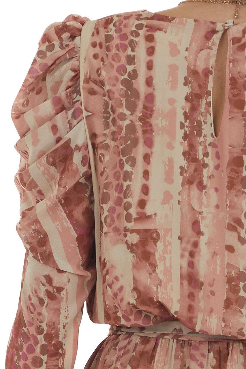 Salmon Printed Surplice Long Sleeve Mini Dress