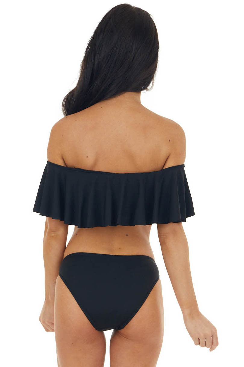Black Bandeau Style Bikini with Ruffled Overlay Details