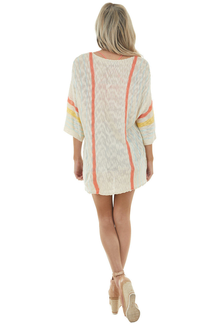 Desert Sand Striped Loose Sweater with Half Length Sleeves 