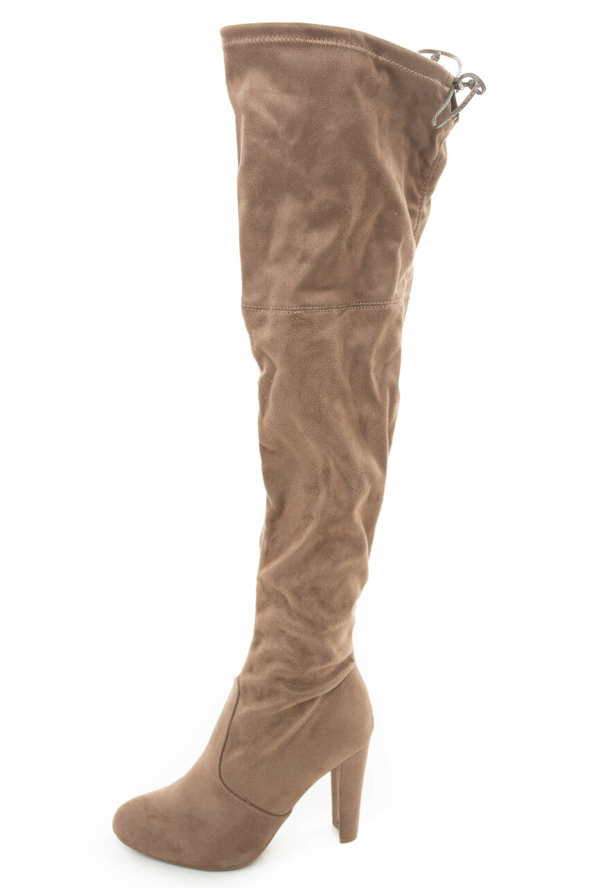 Taupe Faux Suede Above the Knee High Heel Boots with Tie