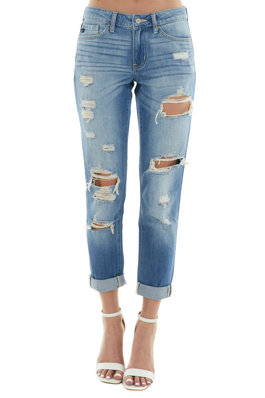 Mid Wash Mid Rise Heavy Torn Boyfriend Jeans