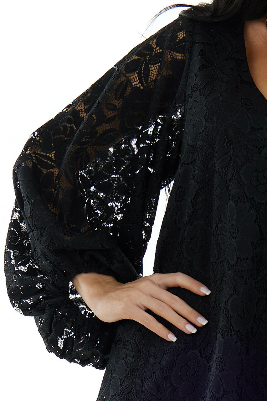 Black Floral Lace Long Bubble Sleeve Blouse