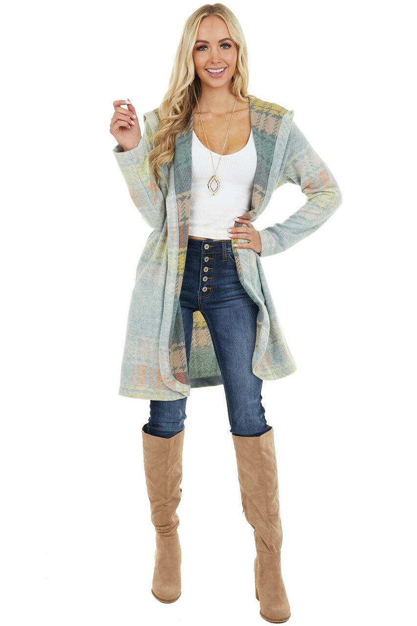 Faded Sage Multicolor Plaid Open Front Cardigan with Hood