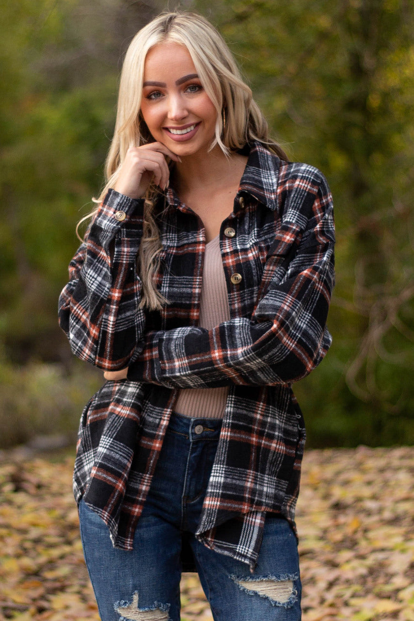 Black and Pumpkin Plaid Button Up Top