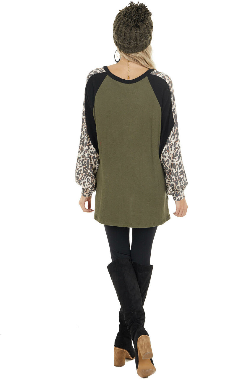 Olive Leopard Print Colorblock Long Sleeve Loose Fit Top