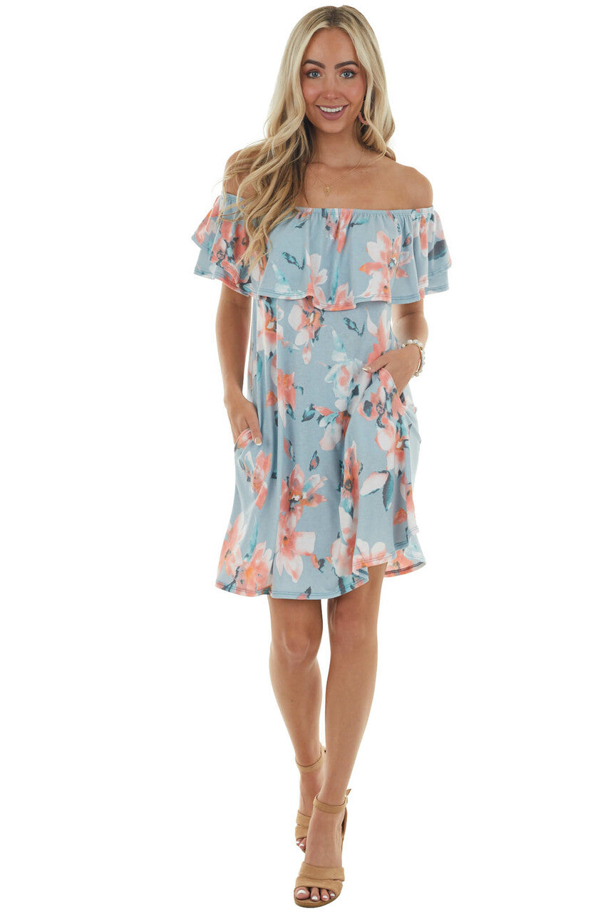 Sky Floral Off Shoulder Overlay Mini Dress