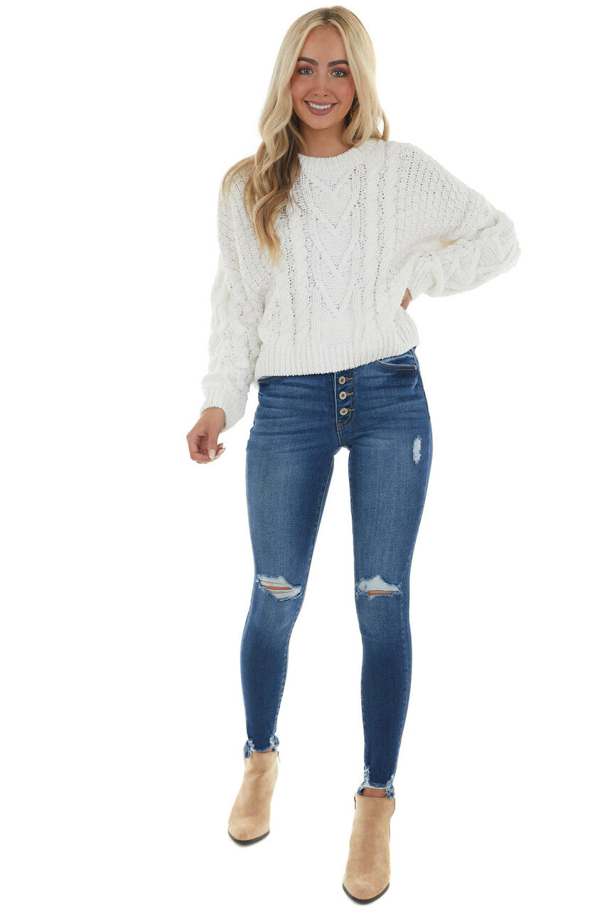 Vanilla Slight Crop Cable Knit Sweater 