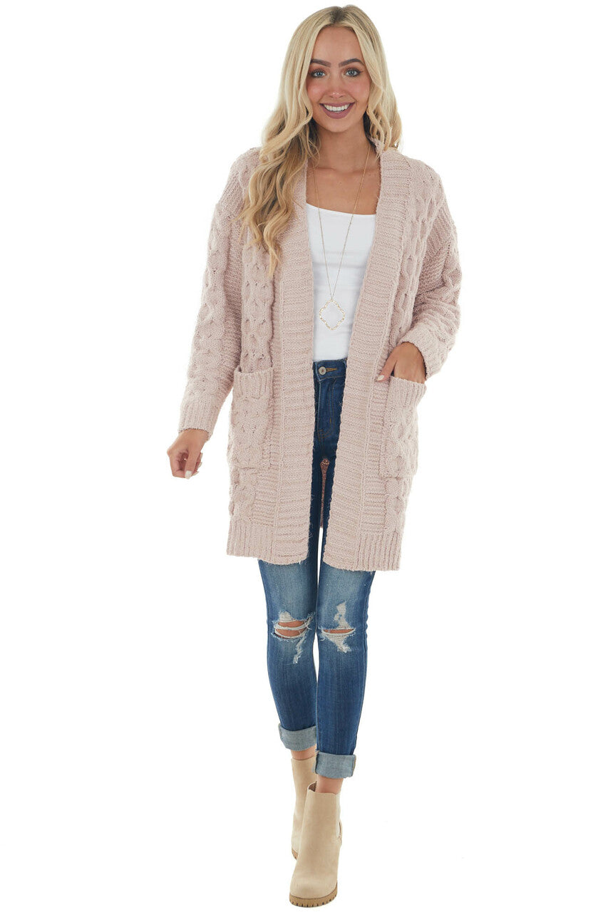 Tea Rose Soft Cable Knit Chenille Cardigan 
