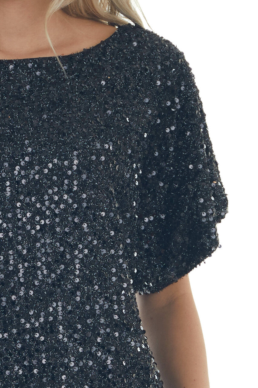 Black Sequined Short Flowy Sleeve Shift Dress