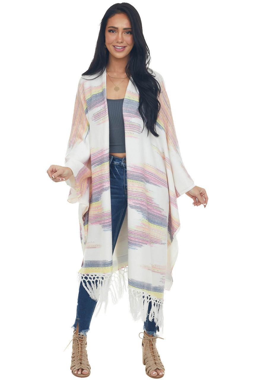 Eggshell Multicolor Fringed Poncho Cardigan 