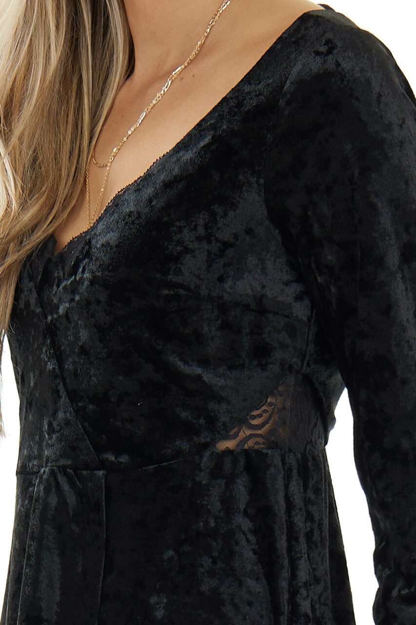Black Velvet V Neck Lace Trim Short Dress