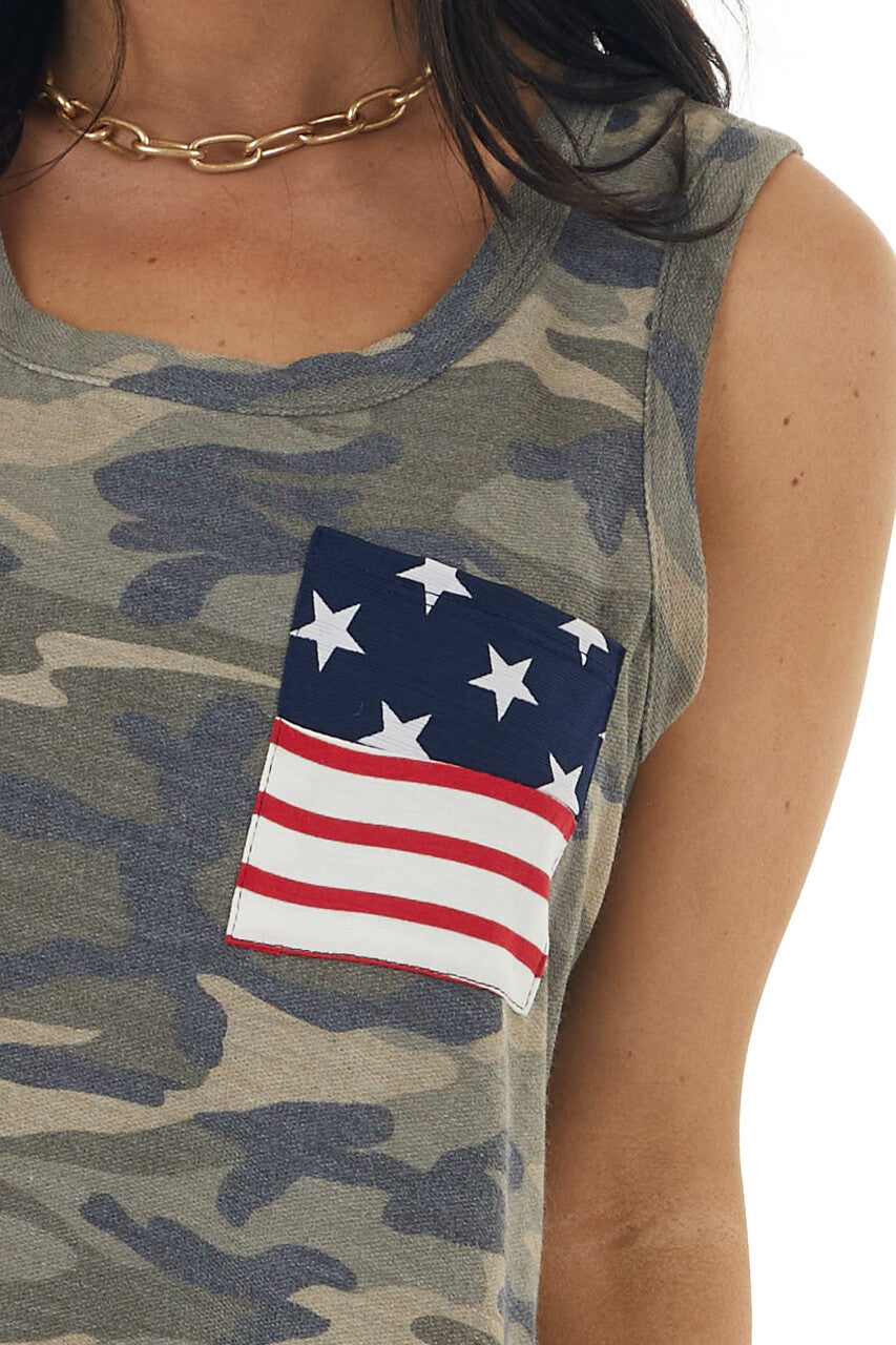 Dusty Olive Camo Print Tank Top with Printed Front Pocket