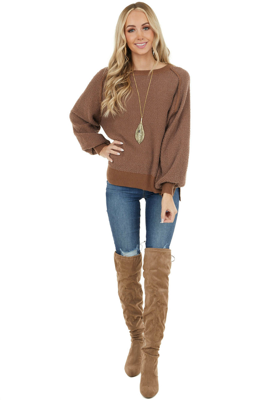 Chocolate Long Sleeve Lightweight Sweater with Raw Details