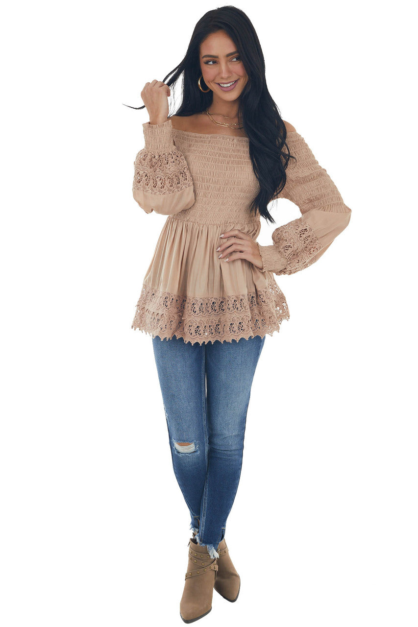Latte Smocked Off Shoulder Babydoll Lace Top