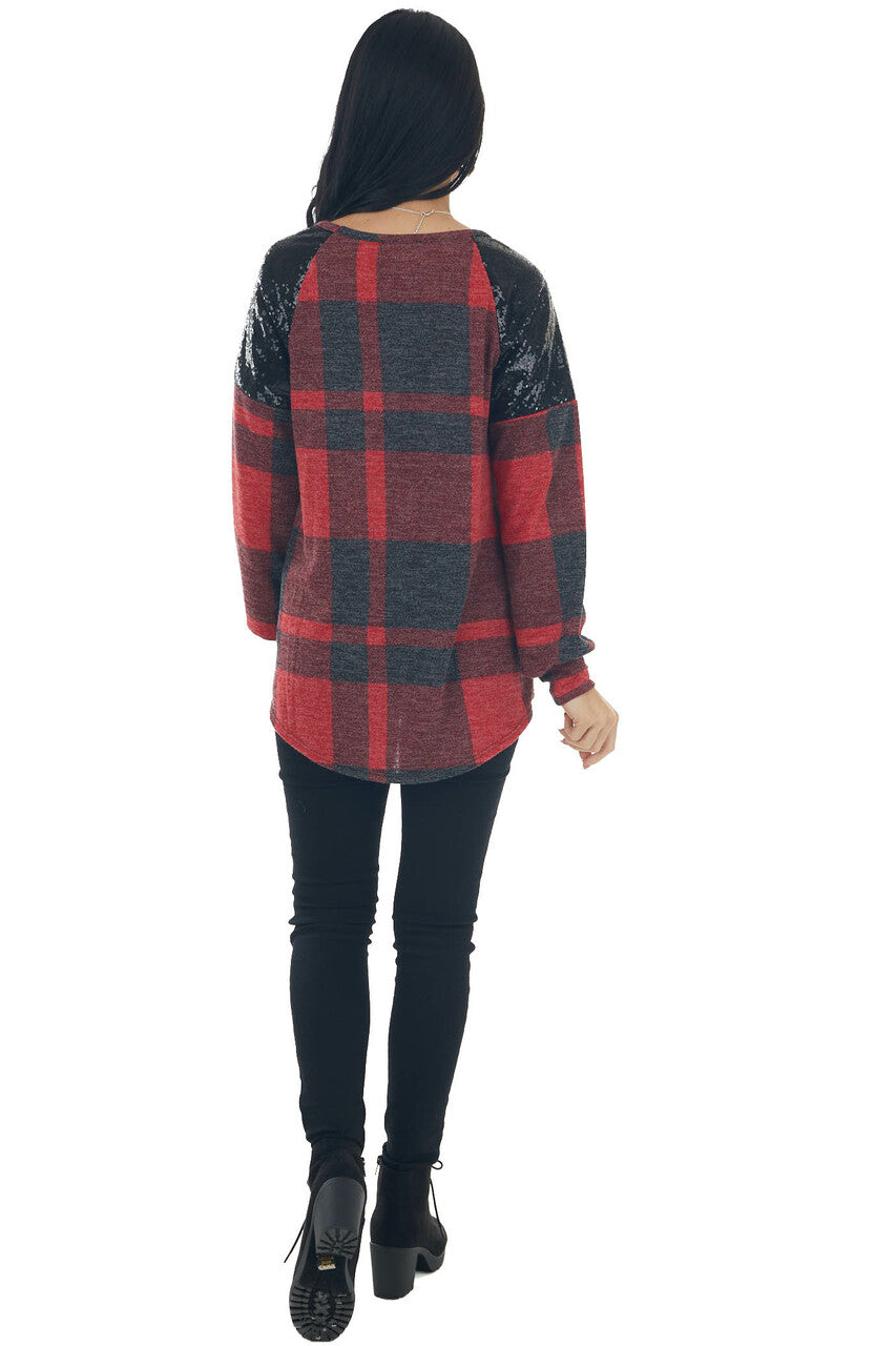 Pomegranate Plaid Black Sequin Shoulder Top