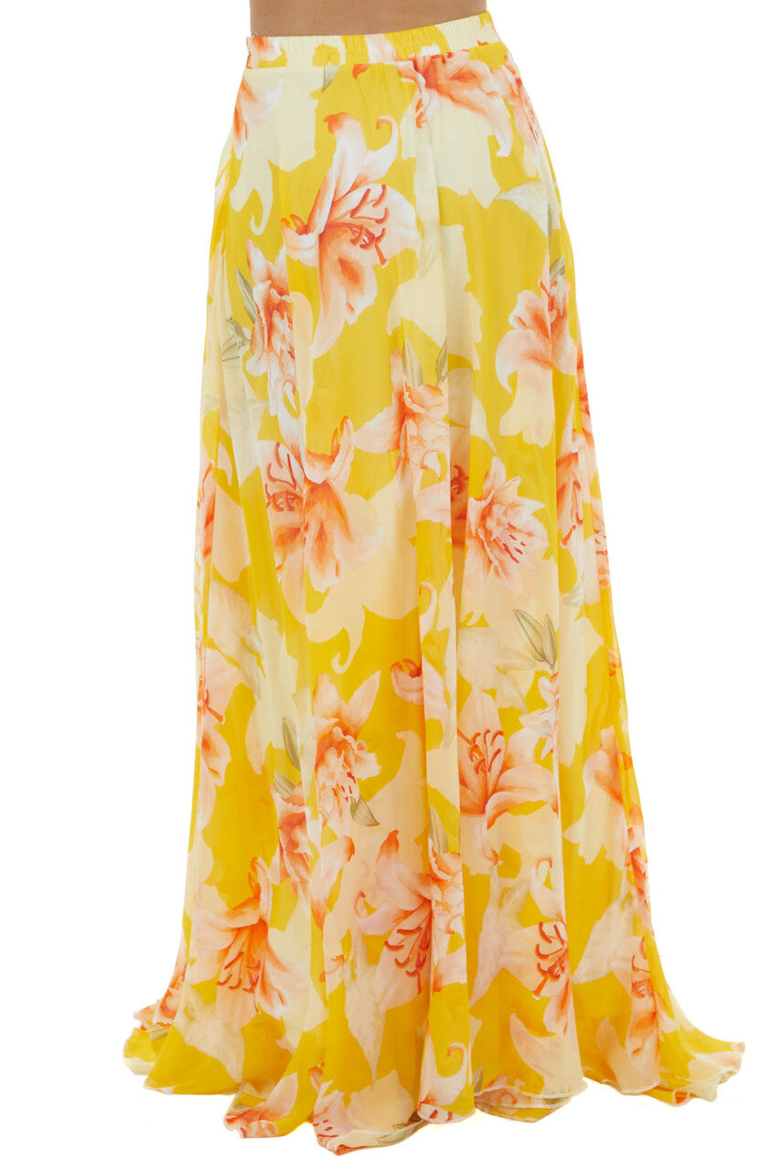 Amber Floral Print Flowy Woven Maxi Skirt with Side Zipper 