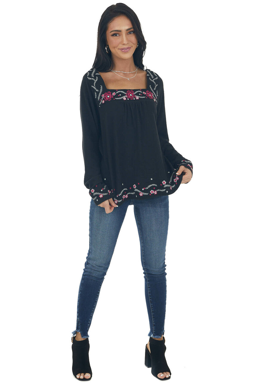 Black Floral Embroidered Babydoll Knit Top 