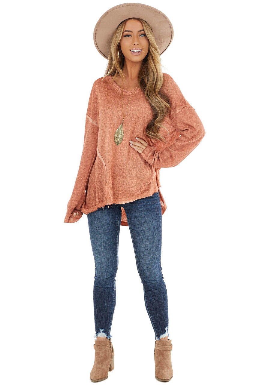 Heathered Terracotta Knit Top with Ribbed Knit Details