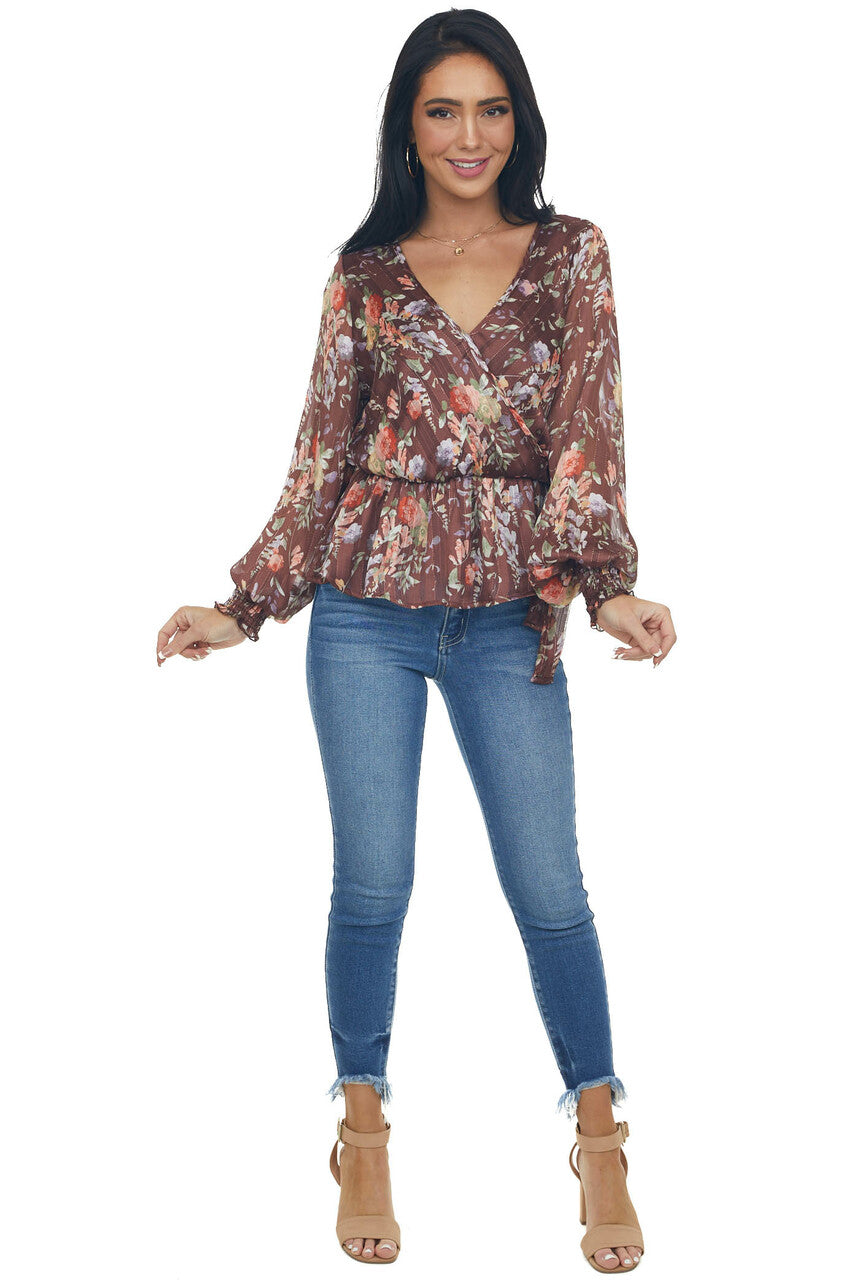 Chestnut Floral Print Surplice Peplum Blouse