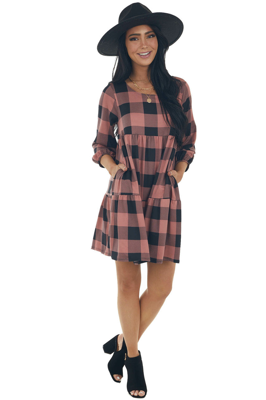 Marsala Buffalo Plaid Long Bubble Sleeve Dress