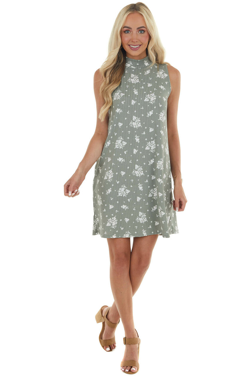 Sage Floral Print Mock Neck Ribbed Dress
