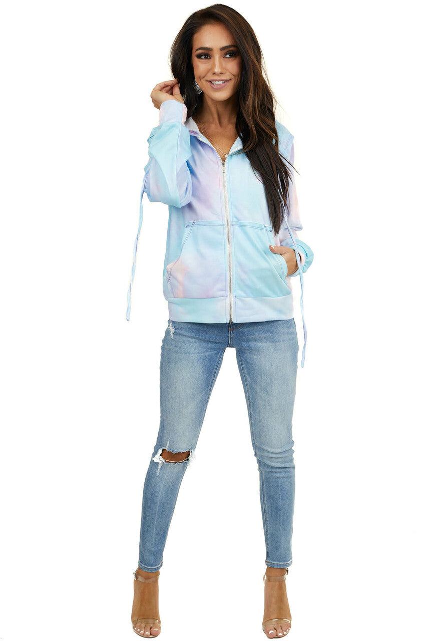 Sky Blue Tie Dye Zip Up Front Hoodie with Drawstrings