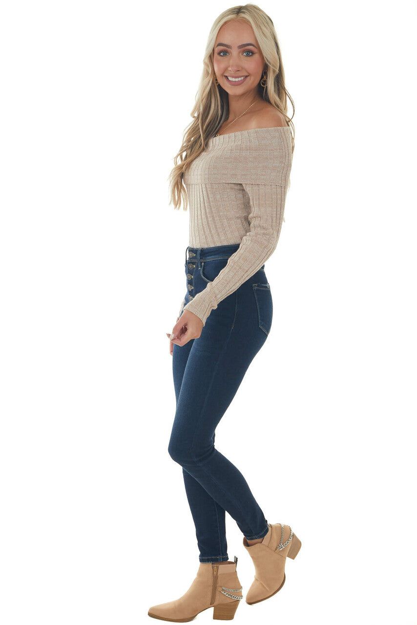Rich Latte Off Shoulder Ribbed Knit Bodysuit 