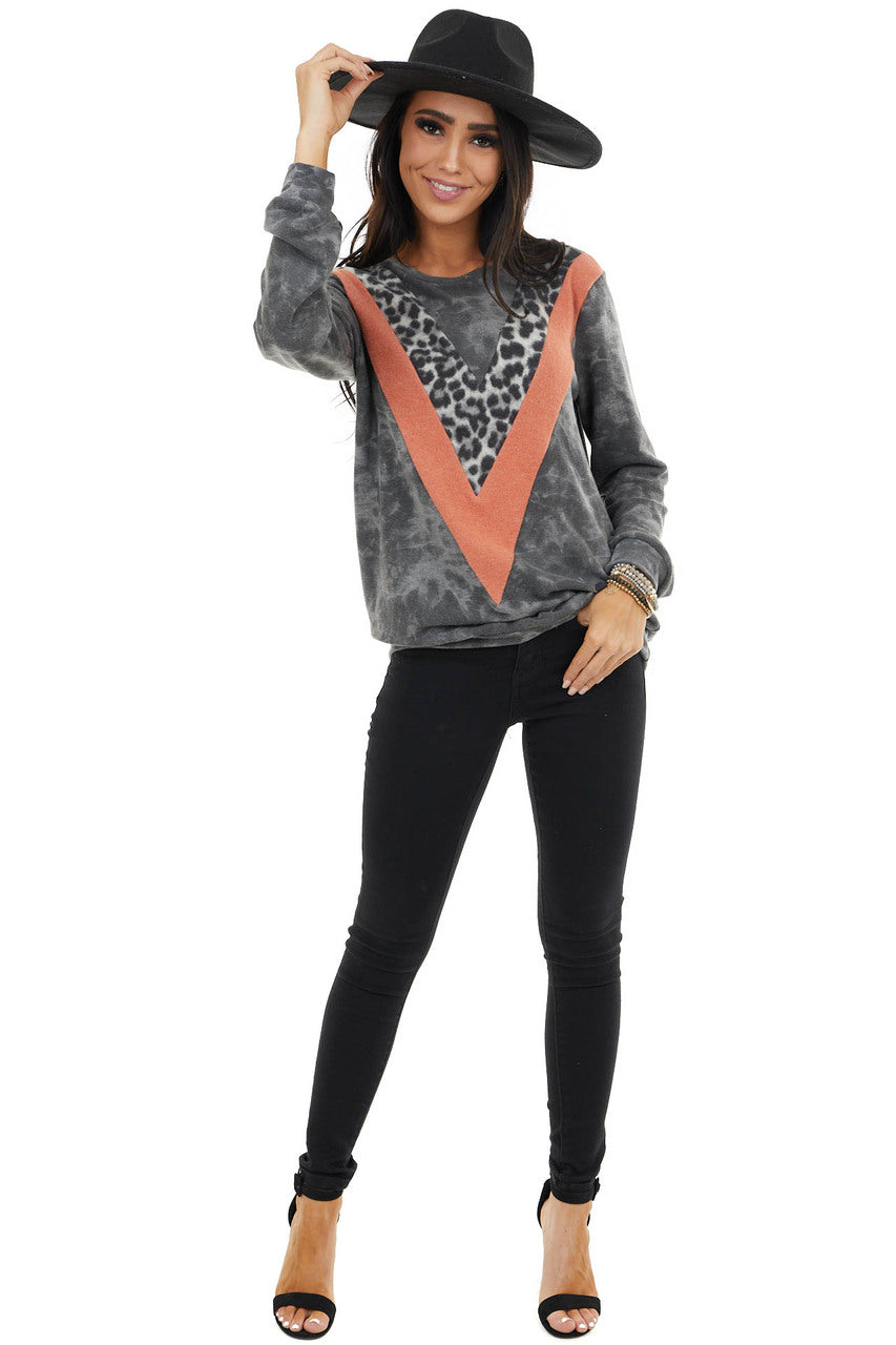 Charcoal and Tangerine Knit Top with Leopard Print Detail 