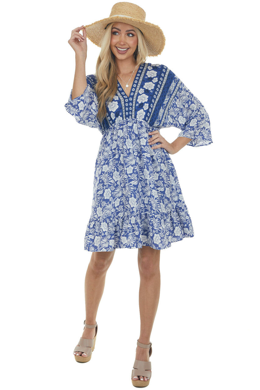 Royal Blue Tropical 3/4 Sleeve Back Tie Dress