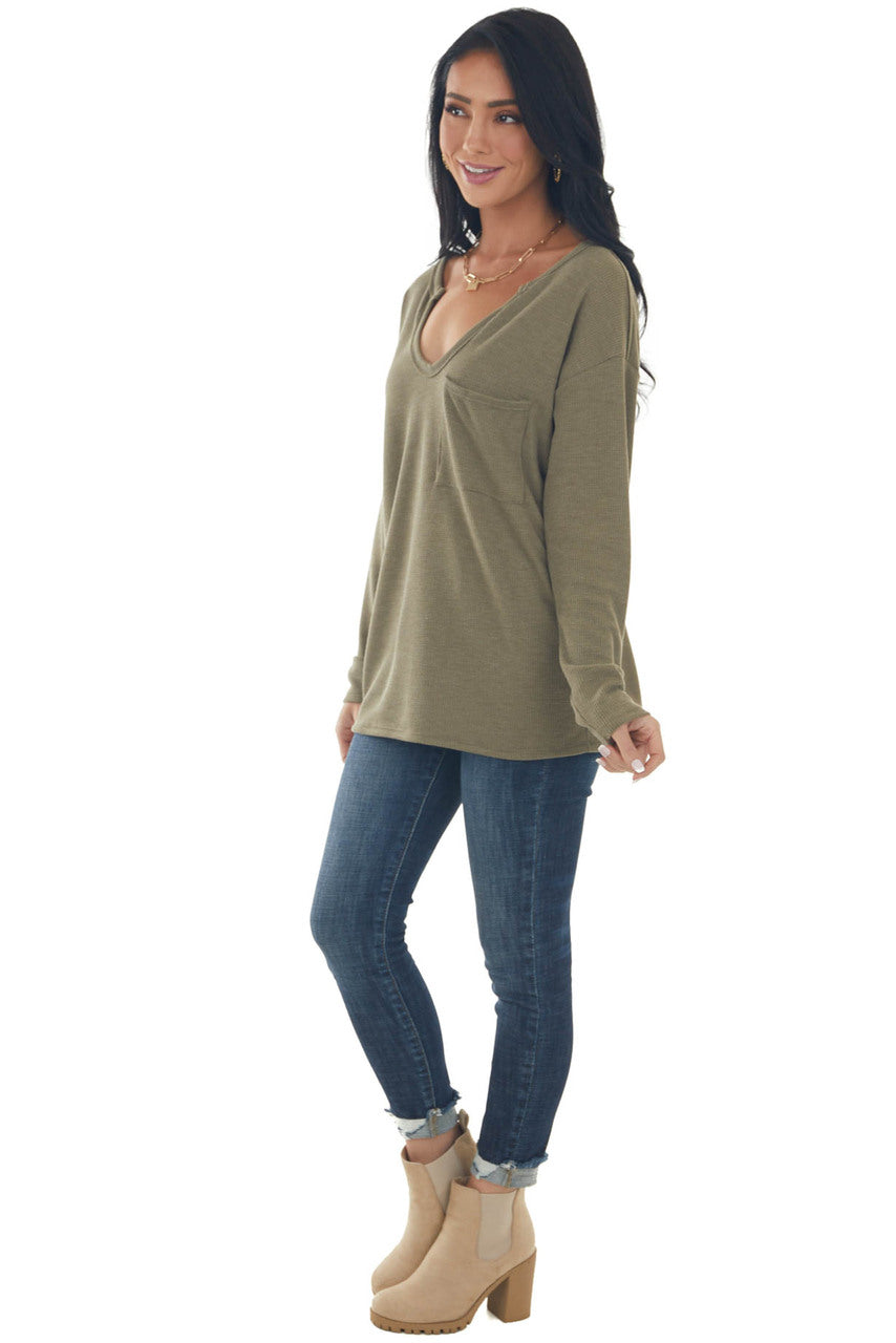 Olive Notch Neck Chest Pocket Thermal Top