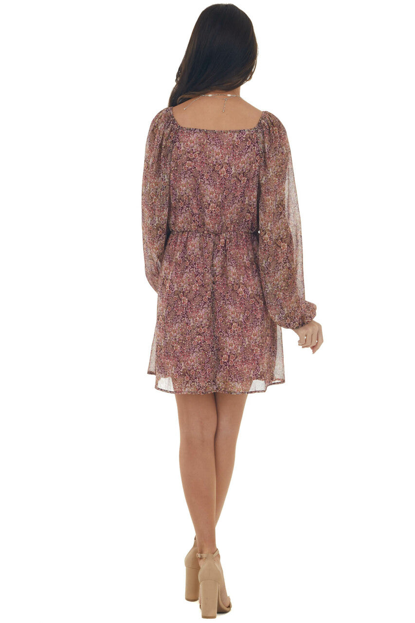 Plum Floral Dress with Metallic Threading