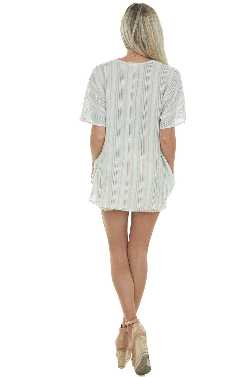 Off White Multicolor Striped Surplice Top with Short Sleeves