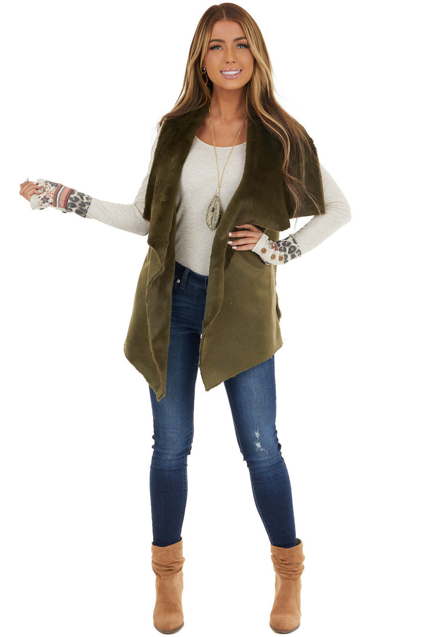 Olive Green Faux Suede Vest with Soft Faux Fur Lining