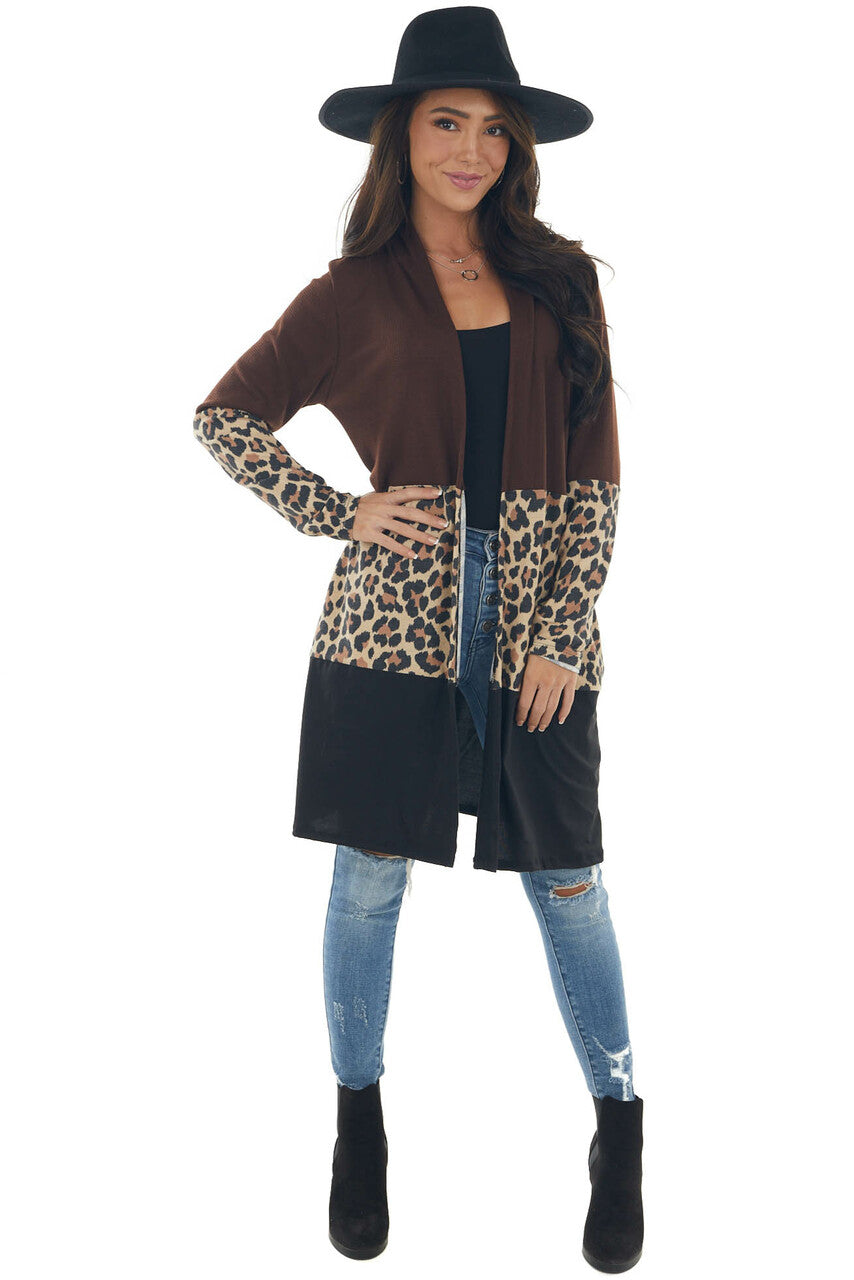 Chocolate Colorblock Leopard Print Cardigan