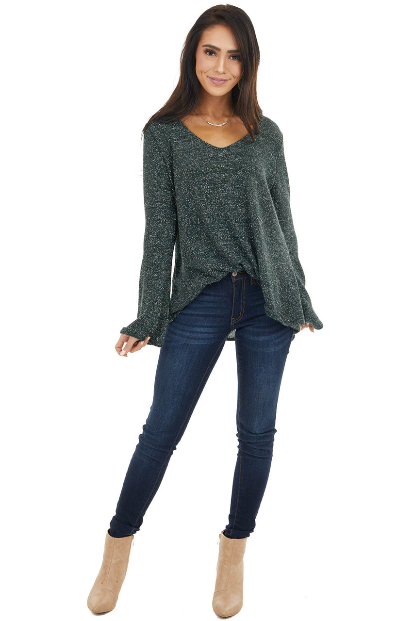 Dark Green Long Sleeve Top with Silver Thread Details