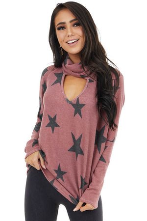 Light Wine Star Print Top with Cowl Neck and V Cutout Detail 