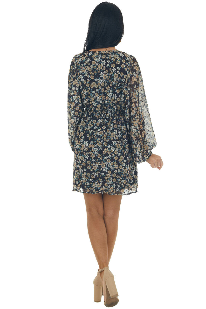 Black Floral Print Dress with Smocked Waist
