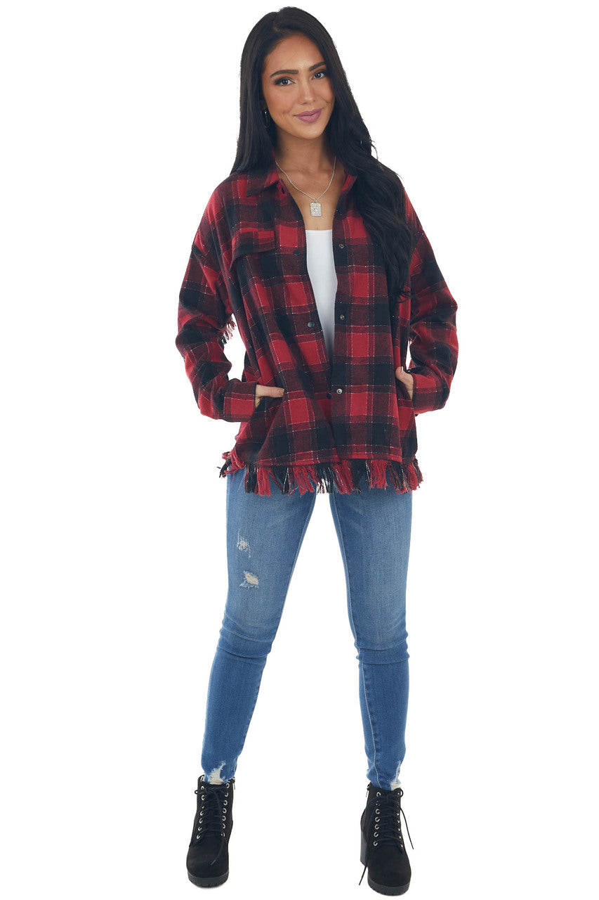 Crimson Plaid Shirt Jacket with Fringe Details