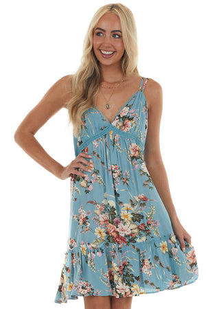 Dusty Blue Floral Print Babydoll Short Dress