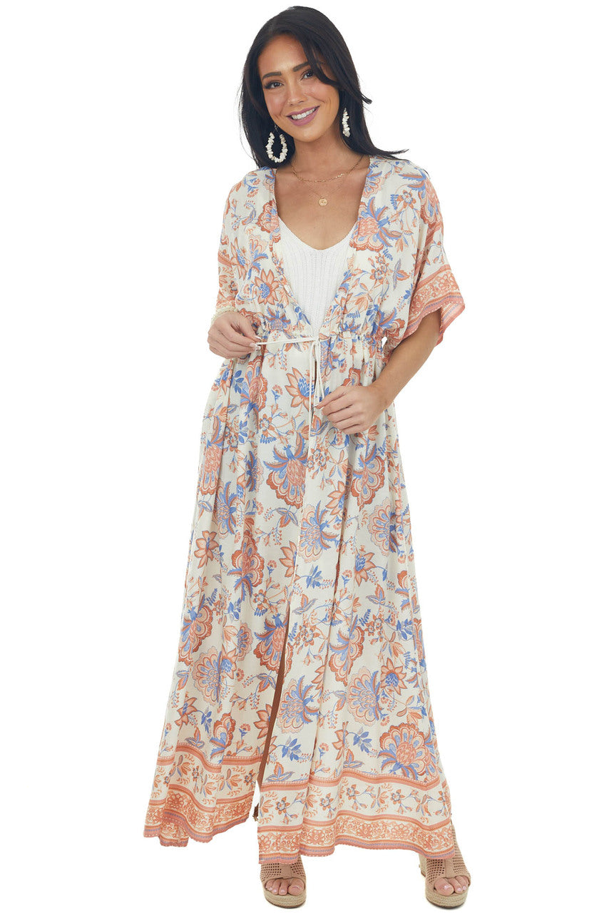Cream Floral Print Tie Waist Duster Kimono 