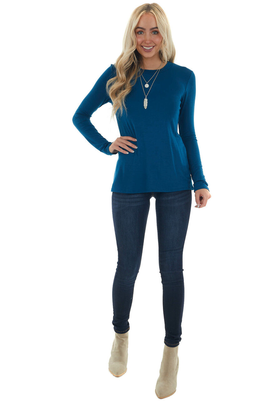 Sea Blue Laser Cut Out Back Long Sleeve Top