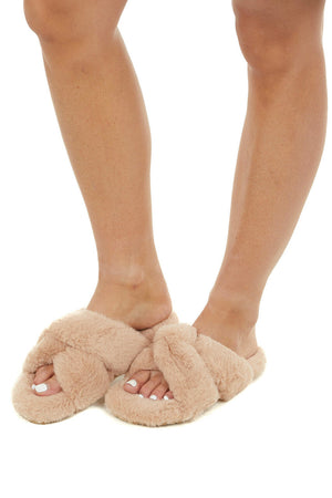 Desert Sand Fuzzy Sandal Slippers with Criss Cross Details