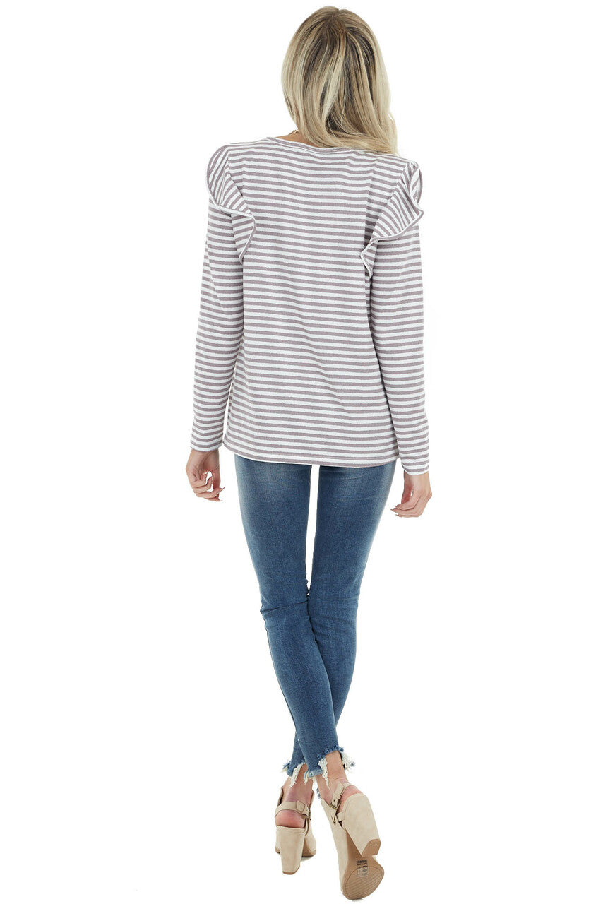 Mocha and Ivory Striped Long Sleeve Top with Ruffle Detail 
