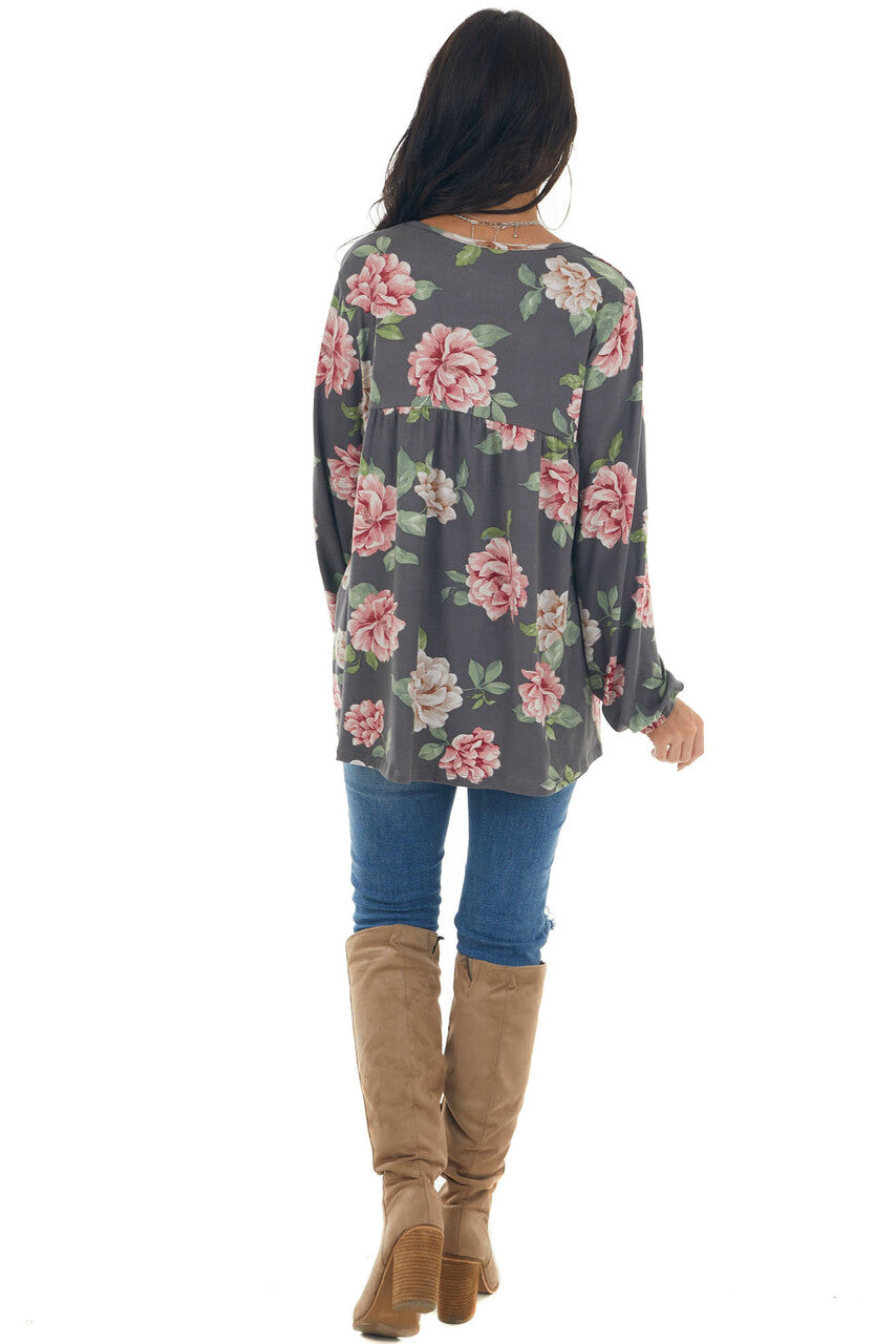 Graphite Floral Print Long Sleeve Babydoll Top