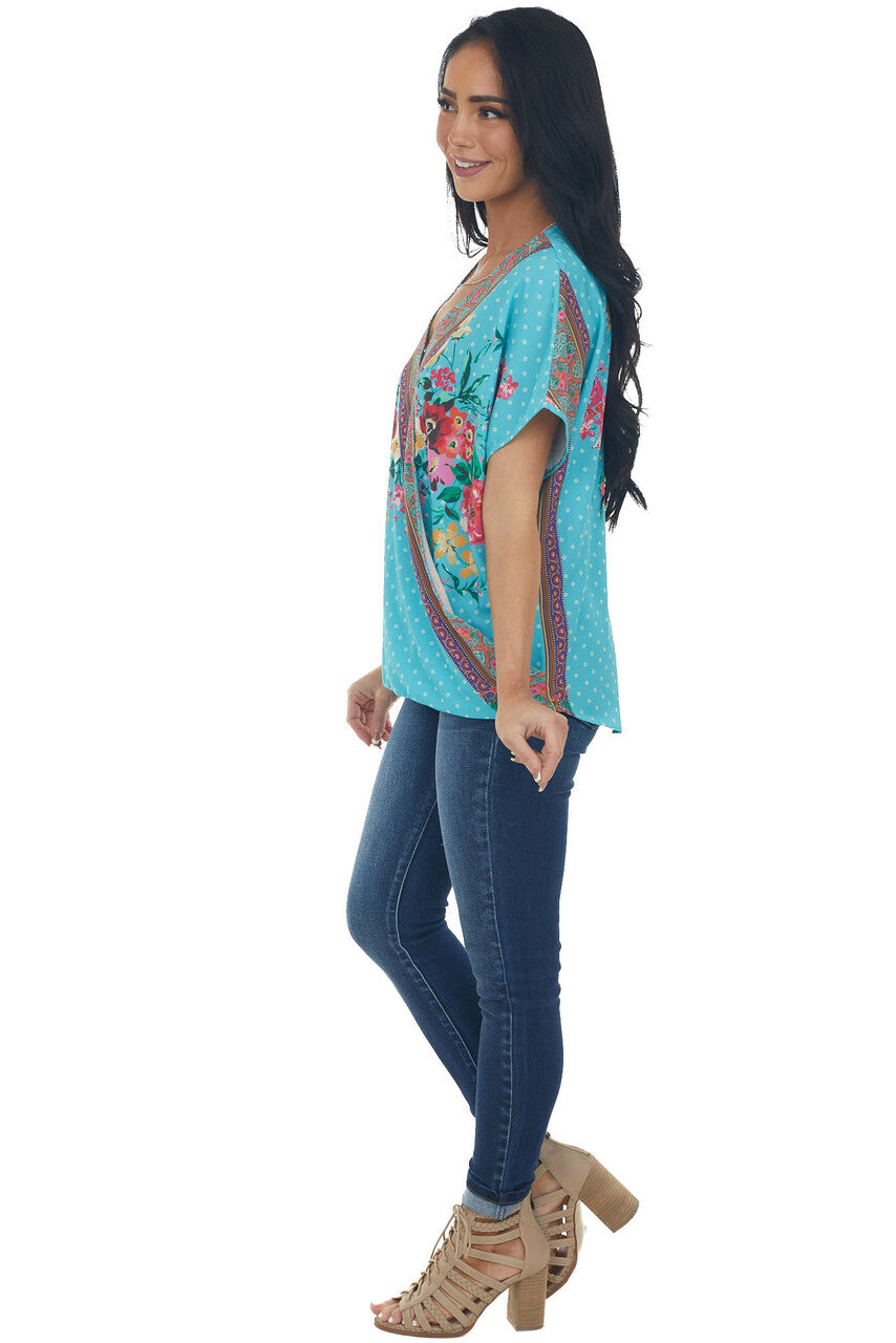 Aqua Blue Multiprint Short Sleeve Surplice Top