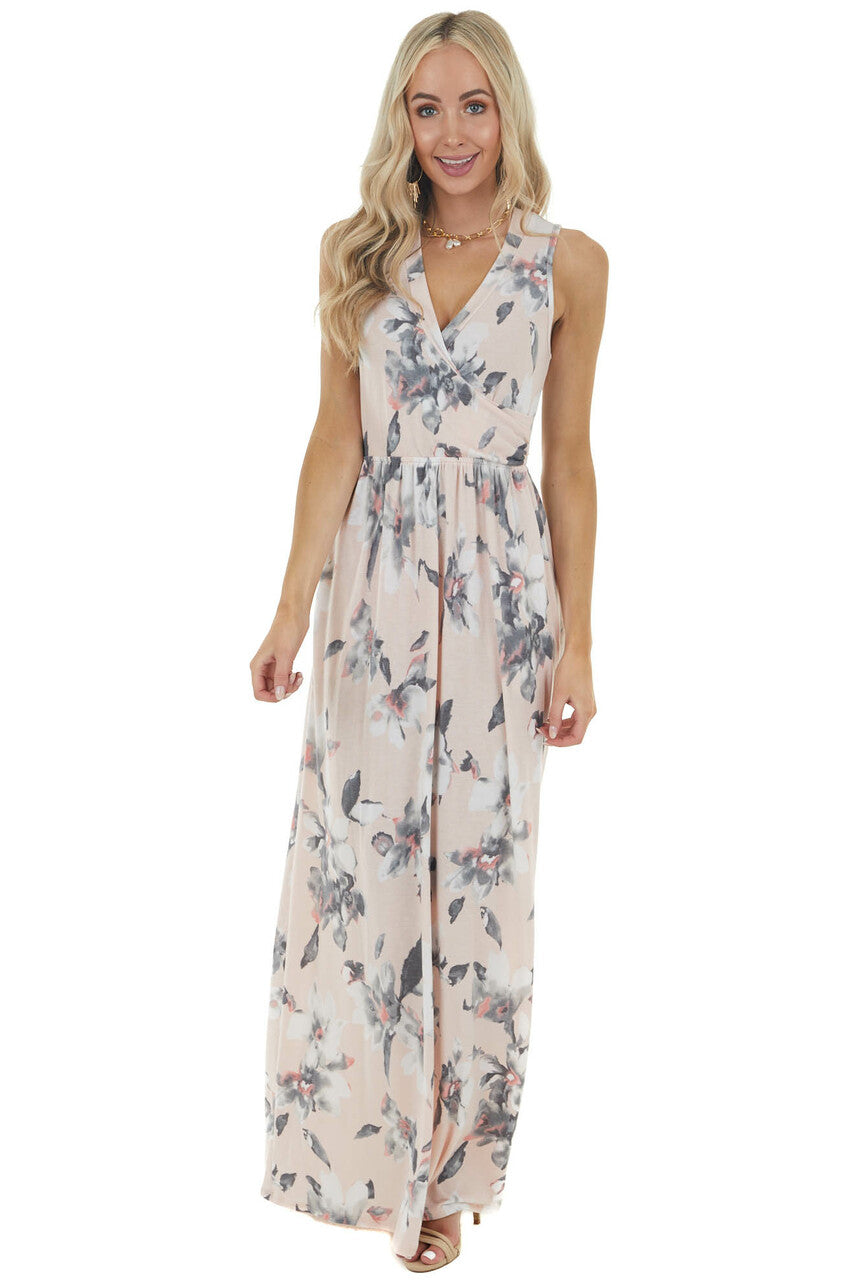 Blush Floral Sleeveless Surplice Maxi Dress with Pockets